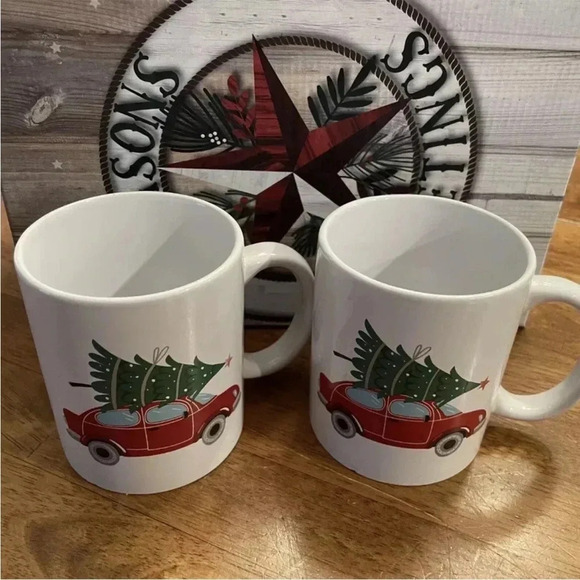 2 Coffee Tea Mug Set W/ Gift Box - Red Car Hauling A Christmas Tree Cups So Cute - Picture 1 of 6